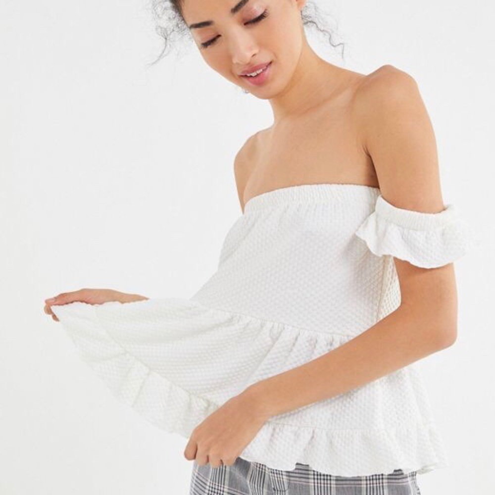 Urban Outfitters White Off-Shoulder Ruffle Peplum Top